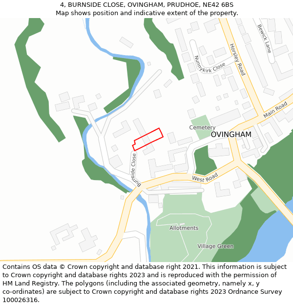 4, BURNSIDE CLOSE, OVINGHAM, PRUDHOE, NE42 6BS: Location map and indicative extent of plot