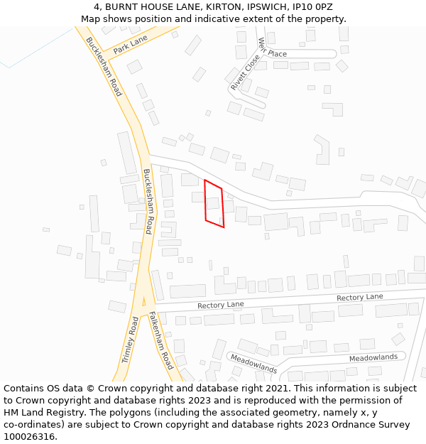 4, BURNT HOUSE LANE, KIRTON, IPSWICH, IP10 0PZ: Location map and indicative extent of plot