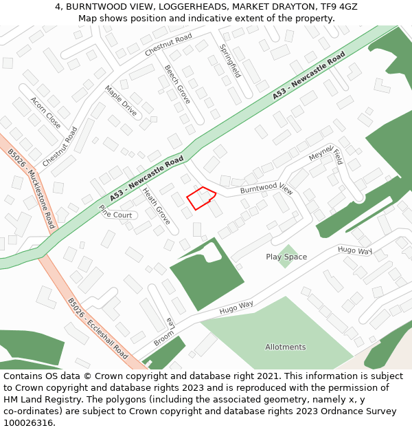 4, BURNTWOOD VIEW, LOGGERHEADS, MARKET DRAYTON, TF9 4GZ: Location map and indicative extent of plot