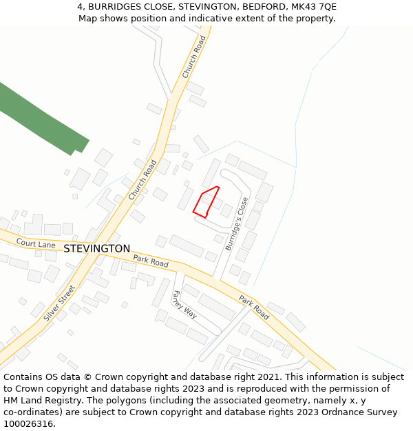 4, BURRIDGES CLOSE, STEVINGTON, BEDFORD, MK43 7QE: Location map and indicative extent of plot