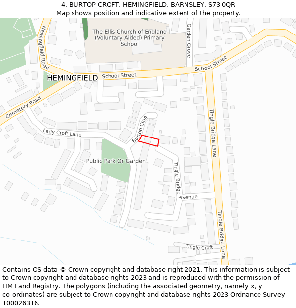 4, BURTOP CROFT, HEMINGFIELD, BARNSLEY, S73 0QR: Location map and indicative extent of plot