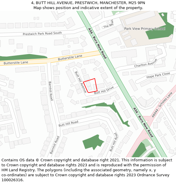 4, BUTT HILL AVENUE, PRESTWICH, MANCHESTER, M25 9PN: Location map and indicative extent of plot