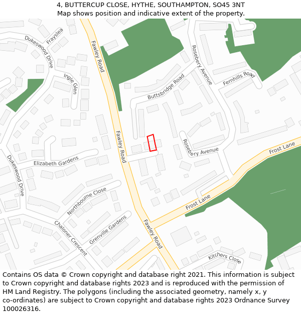 4, BUTTERCUP CLOSE, HYTHE, SOUTHAMPTON, SO45 3NT: Location map and indicative extent of plot