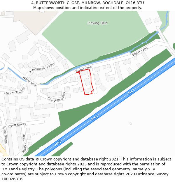 4, BUTTERWORTH CLOSE, MILNROW, ROCHDALE, OL16 3TU: Location map and indicative extent of plot