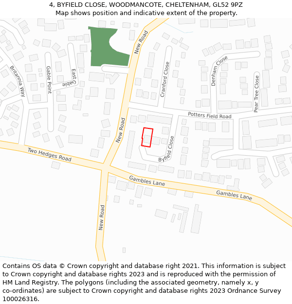 4, BYFIELD CLOSE, WOODMANCOTE, CHELTENHAM, GL52 9PZ: Location map and indicative extent of plot