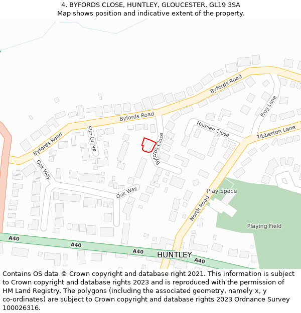 4, BYFORDS CLOSE, HUNTLEY, GLOUCESTER, GL19 3SA: Location map and indicative extent of plot