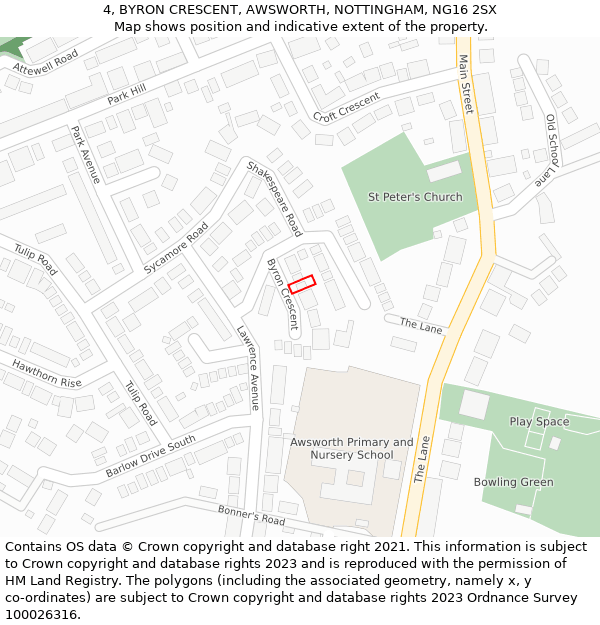 4, BYRON CRESCENT, AWSWORTH, NOTTINGHAM, NG16 2SX: Location map and indicative extent of plot