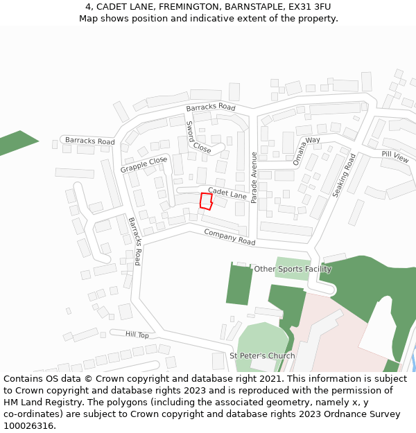 4, CADET LANE, FREMINGTON, BARNSTAPLE, EX31 3FU: Location map and indicative extent of plot