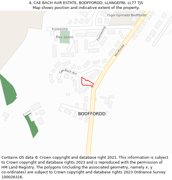 4, CAE BACH AUR ESTATE, BODFFORDD, LLANGEFNI, LL77 7JS: Location map and indicative extent of plot