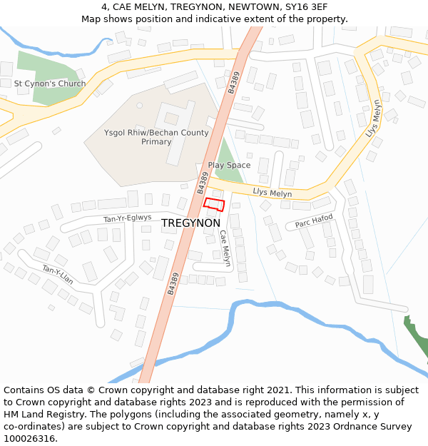 4, CAE MELYN, TREGYNON, NEWTOWN, SY16 3EF: Location map and indicative extent of plot