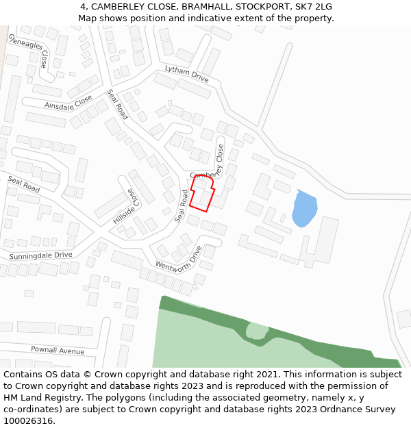 4, CAMBERLEY CLOSE, BRAMHALL, STOCKPORT, SK7 2LG: Location map and indicative extent of plot