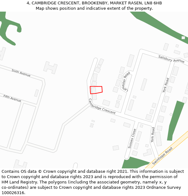 4, CAMBRIDGE CRESCENT, BROOKENBY, MARKET RASEN, LN8 6HB: Location map and indicative extent of plot
