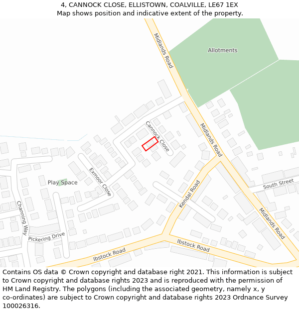 4, CANNOCK CLOSE, ELLISTOWN, COALVILLE, LE67 1EX: Location map and indicative extent of plot