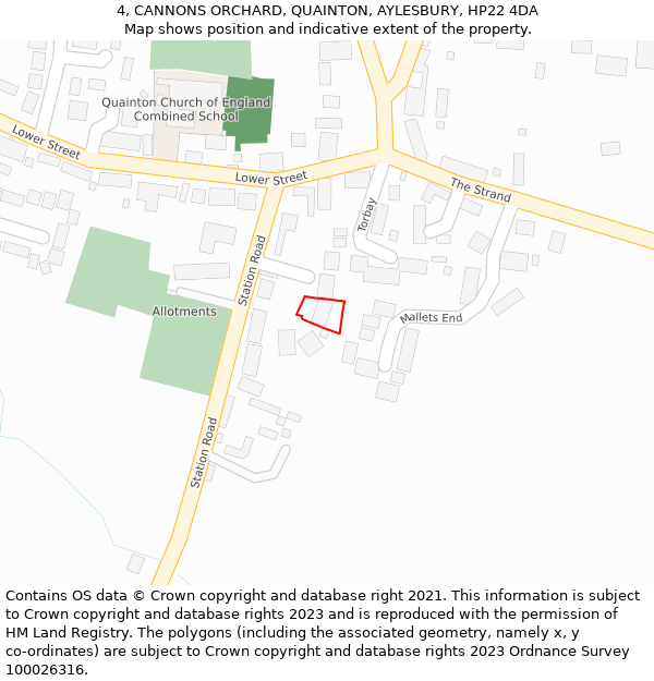 4, CANNONS ORCHARD, QUAINTON, AYLESBURY, HP22 4DA: Location map and indicative extent of plot