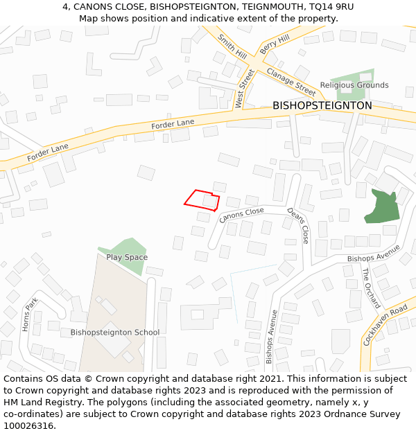 4, CANONS CLOSE, BISHOPSTEIGNTON, TEIGNMOUTH, TQ14 9RU: Location map and indicative extent of plot