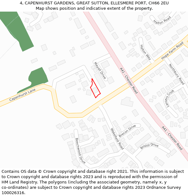 4, CAPENHURST GARDENS, GREAT SUTTON, ELLESMERE PORT, CH66 2EU: Location map and indicative extent of plot