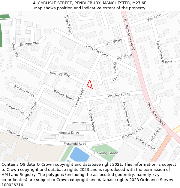 4, CARLISLE STREET, PENDLEBURY, MANCHESTER, M27 6EJ: Location map and indicative extent of plot