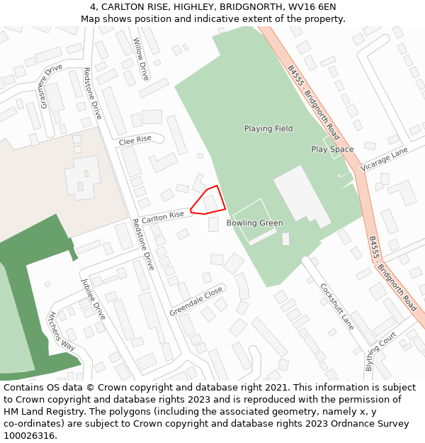 4, CARLTON RISE, HIGHLEY, BRIDGNORTH, WV16 6EN: Location map and indicative extent of plot