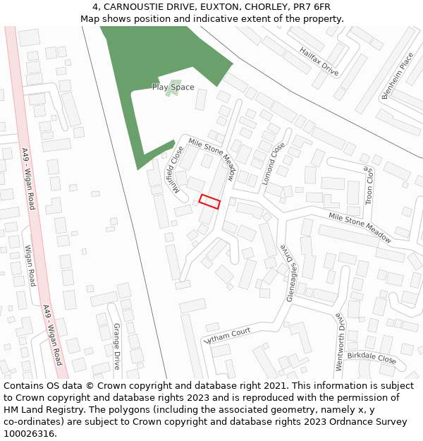 4, CARNOUSTIE DRIVE, EUXTON, CHORLEY, PR7 6FR: Location map and indicative extent of plot