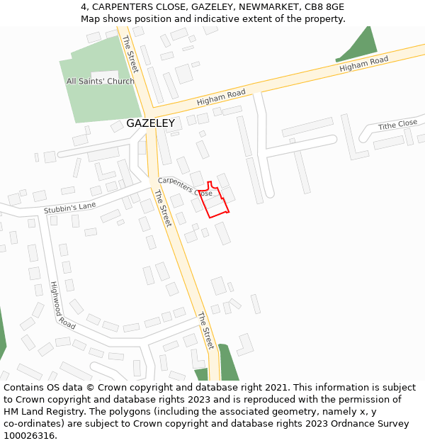 4, CARPENTERS CLOSE, GAZELEY, NEWMARKET, CB8 8GE: Location map and indicative extent of plot