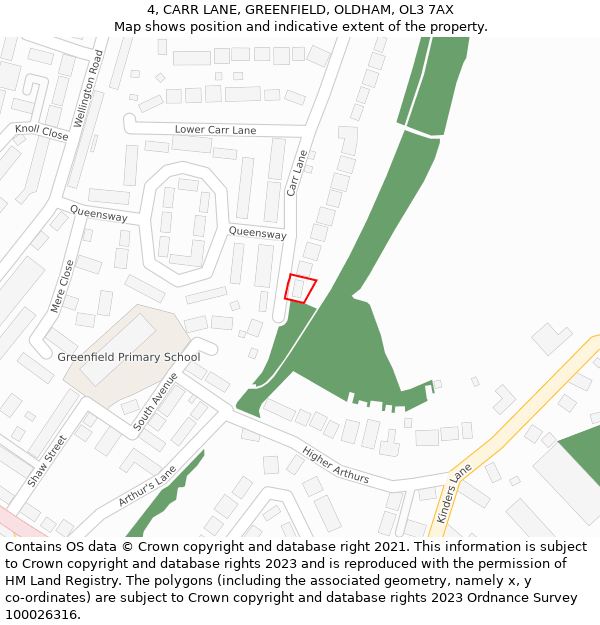 4, CARR LANE, GREENFIELD, OLDHAM, OL3 7AX: Location map and indicative extent of plot