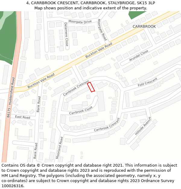 4, CARRBROOK CRESCENT, CARRBROOK, STALYBRIDGE, SK15 3LP: Location map and indicative extent of plot