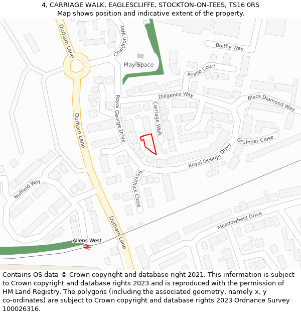 4, CARRIAGE WALK, EAGLESCLIFFE, STOCKTON-ON-TEES, TS16 0RS: Location map and indicative extent of plot