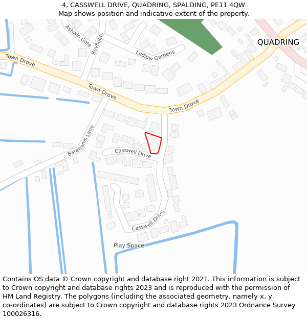 4, CASSWELL DRIVE, QUADRING, SPALDING, PE11 4QW: Location map and indicative extent of plot