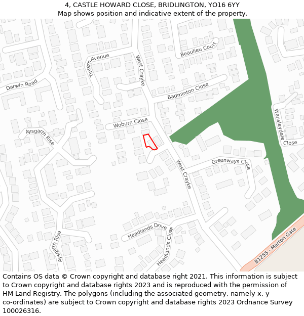 4, CASTLE HOWARD CLOSE, BRIDLINGTON, YO16 6YY: Location map and indicative extent of plot