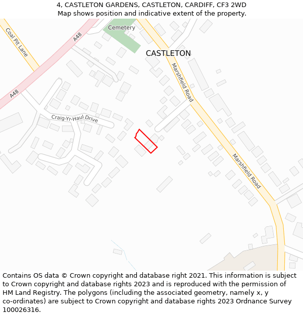 4, CASTLETON GARDENS, CASTLETON, CARDIFF, CF3 2WD: Location map and indicative extent of plot