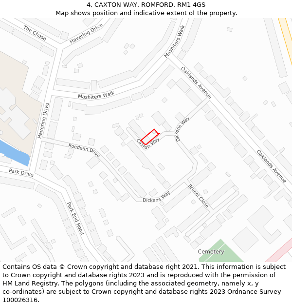 4, CAXTON WAY, ROMFORD, RM1 4GS: Location map and indicative extent of plot