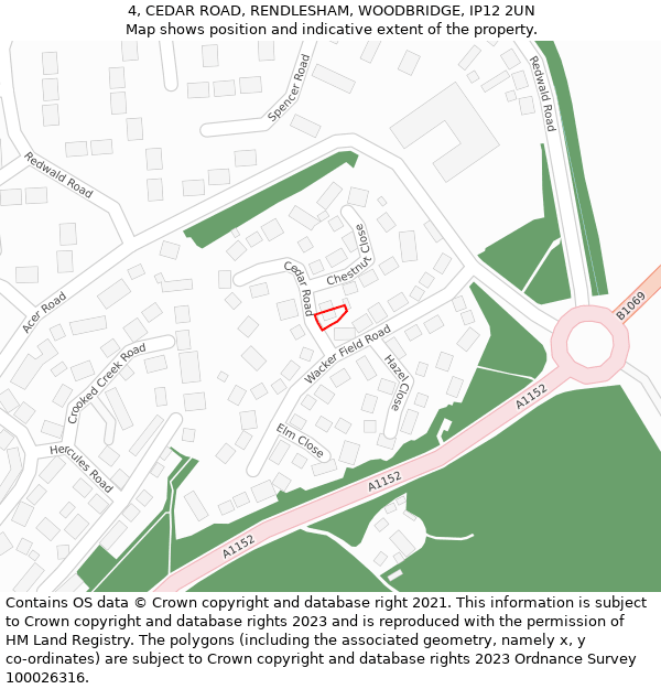 4, CEDAR ROAD, RENDLESHAM, WOODBRIDGE, IP12 2UN: Location map and indicative extent of plot