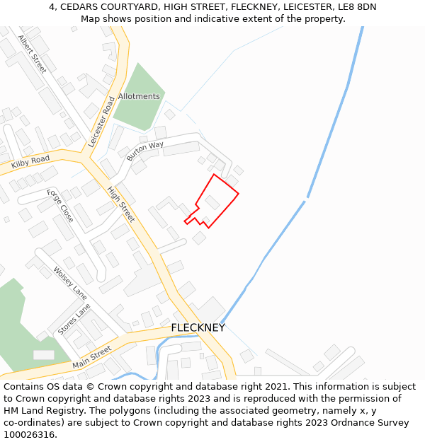 4, CEDARS COURTYARD, HIGH STREET, FLECKNEY, LEICESTER, LE8 8DN: Location map and indicative extent of plot