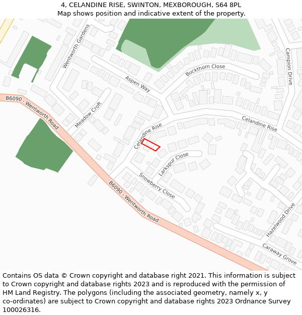 4, CELANDINE RISE, SWINTON, MEXBOROUGH, S64 8PL: Location map and indicative extent of plot