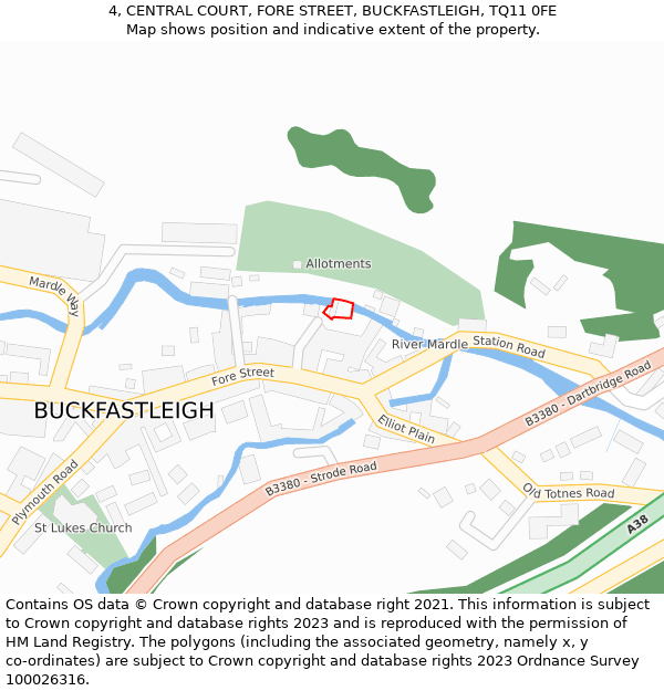 4, CENTRAL COURT, FORE STREET, BUCKFASTLEIGH, TQ11 0FE: Location map and indicative extent of plot