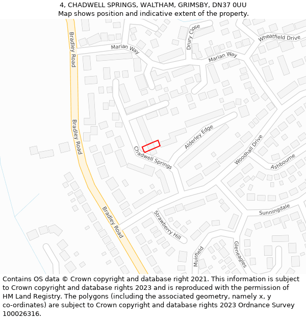 4, CHADWELL SPRINGS, WALTHAM, GRIMSBY, DN37 0UU: Location map and indicative extent of plot