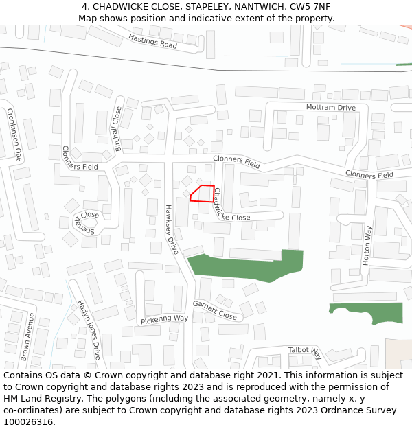 4, CHADWICKE CLOSE, STAPELEY, NANTWICH, CW5 7NF: Location map and indicative extent of plot