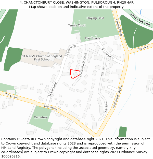 4, CHANCTONBURY CLOSE, WASHINGTON, PULBOROUGH, RH20 4AR: Location map and indicative extent of plot