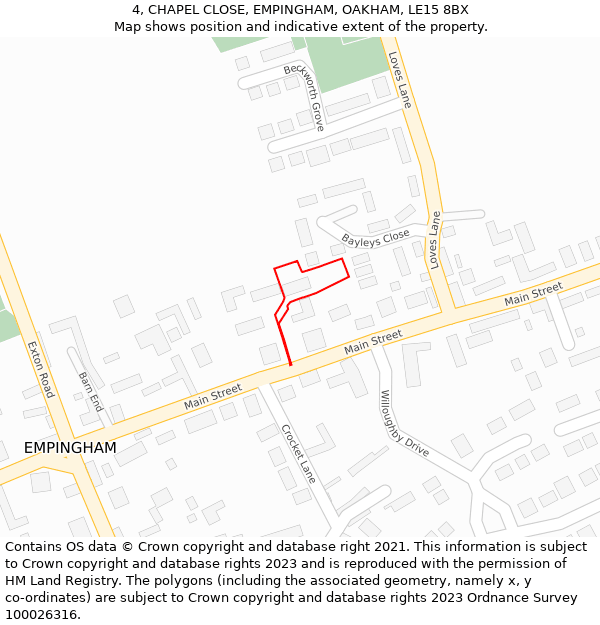 4, CHAPEL CLOSE, EMPINGHAM, OAKHAM, LE15 8BX: Location map and indicative extent of plot