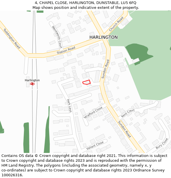 4, CHAPEL CLOSE, HARLINGTON, DUNSTABLE, LU5 6FQ: Location map and indicative extent of plot