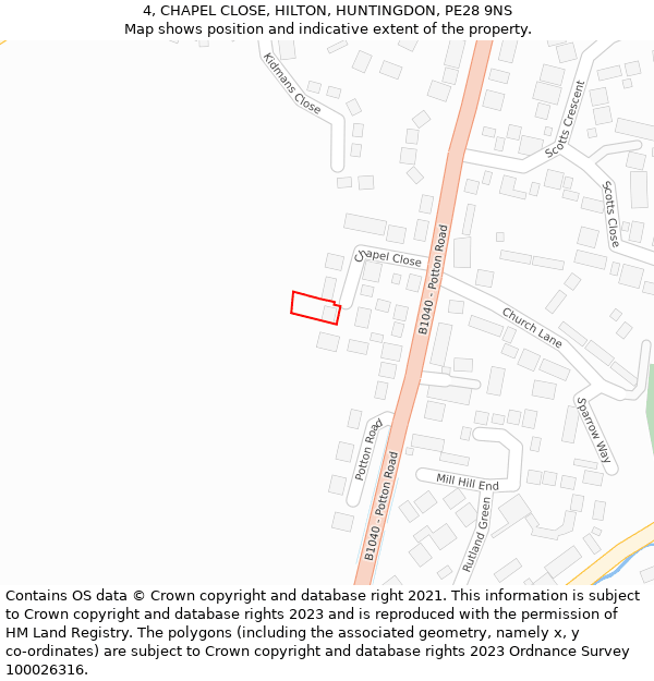 4, CHAPEL CLOSE, HILTON, HUNTINGDON, PE28 9NS: Location map and indicative extent of plot