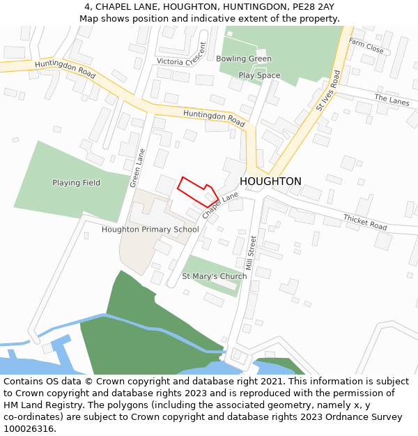 4, CHAPEL LANE, HOUGHTON, HUNTINGDON, PE28 2AY: Location map and indicative extent of plot