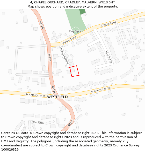 4, CHAPEL ORCHARD, CRADLEY, MALVERN, WR13 5HT: Location map and indicative extent of plot