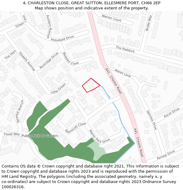 4, CHARLESTON CLOSE, GREAT SUTTON, ELLESMERE PORT, CH66 2EP: Location map and indicative extent of plot