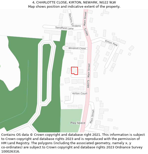 4, CHARLOTTE CLOSE, KIRTON, NEWARK, NG22 9LW: Location map and indicative extent of plot