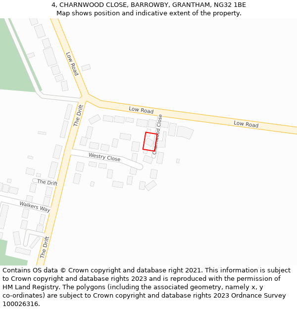 4, CHARNWOOD CLOSE, BARROWBY, GRANTHAM, NG32 1BE: Location map and indicative extent of plot