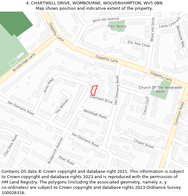 4, CHARTWELL DRIVE, WOMBOURNE, WOLVERHAMPTON, WV5 0BN: Location map and indicative extent of plot