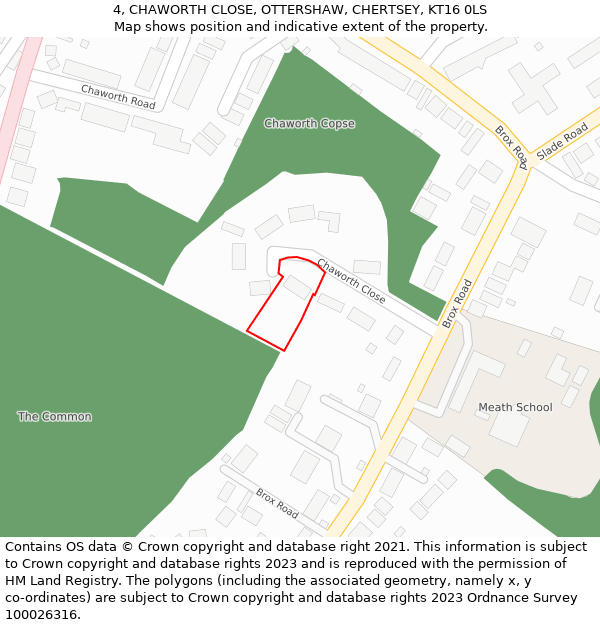 4, CHAWORTH CLOSE, OTTERSHAW, CHERTSEY, KT16 0LS: Location map and indicative extent of plot