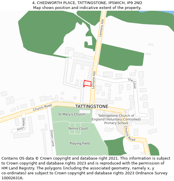 4, CHEDWORTH PLACE, TATTINGSTONE, IPSWICH, IP9 2ND: Location map and indicative extent of plot