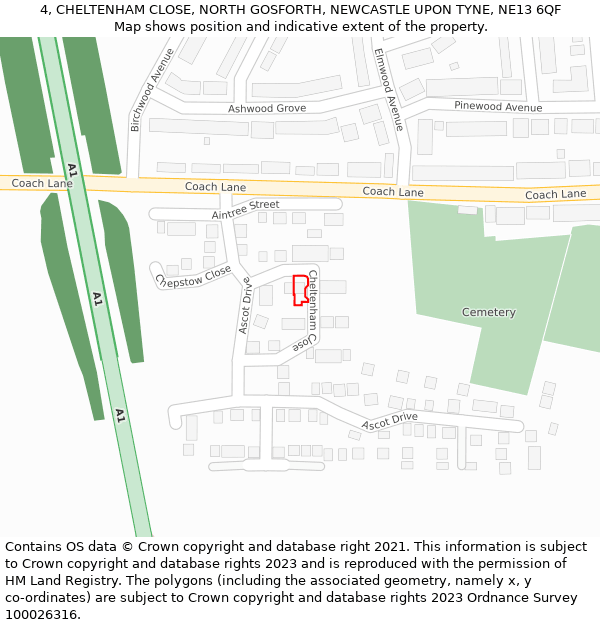 4, CHELTENHAM CLOSE, NORTH GOSFORTH, NEWCASTLE UPON TYNE, NE13 6QF: Location map and indicative extent of plot